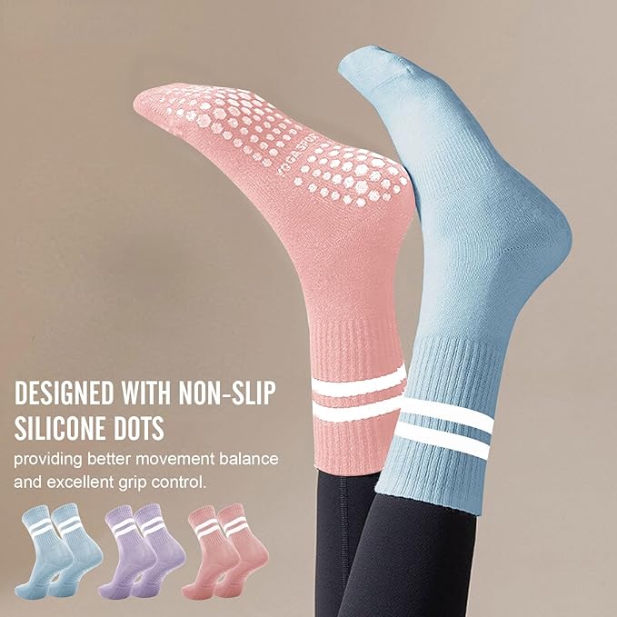 3 Pairs Non Slip Yoga Socks for Women Anti-skid Long Socks for Yoga, Barre, Ballet, Dance, Barefoot Workout Gym