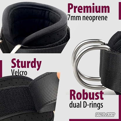 Frelaxy Ankle Straps for Cable Machine – Comfortable & Durable Leg Straps for Kickbacks, Glute Workouts, and Lower Body Exercises – Perforated Neoprene Padding & Tapered Fit