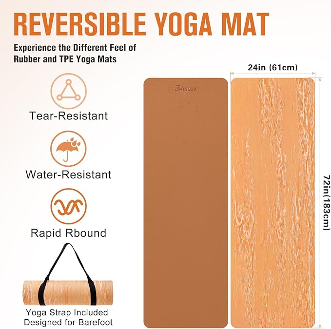 UMINEUX Extra Thick Yoga Mat, 2/5 Inch (10MM), Natural Rubber and TPE Non Slip Yoga Mats with Strap for Women Men, Eco Friendly Exercise Mat for Yoga, Pilates and Home Workout