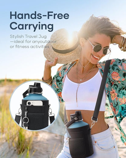 BUZIO 64 oz Insulated Water Bottle, Half Gallon Stainless Steel Water Jug with Straw Lid & Carrying Case, Keep Cold 48h Large Lead-Free Vacuum Metal Thermo Water Flask for sports Camp, Indigo Crush
