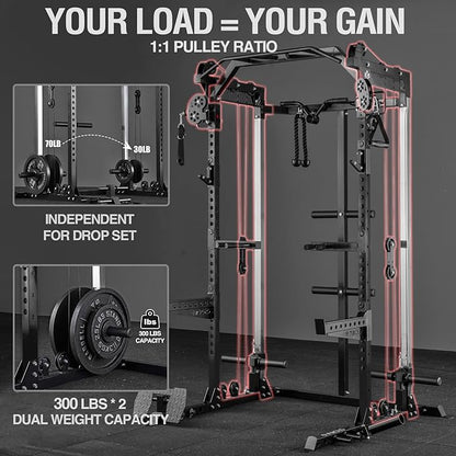 Mikolo Power Cage, 2000LB Power Rack with Independent Dual Pulley System, Multi-Function Home Gym Workout Machine for Cable Crossover