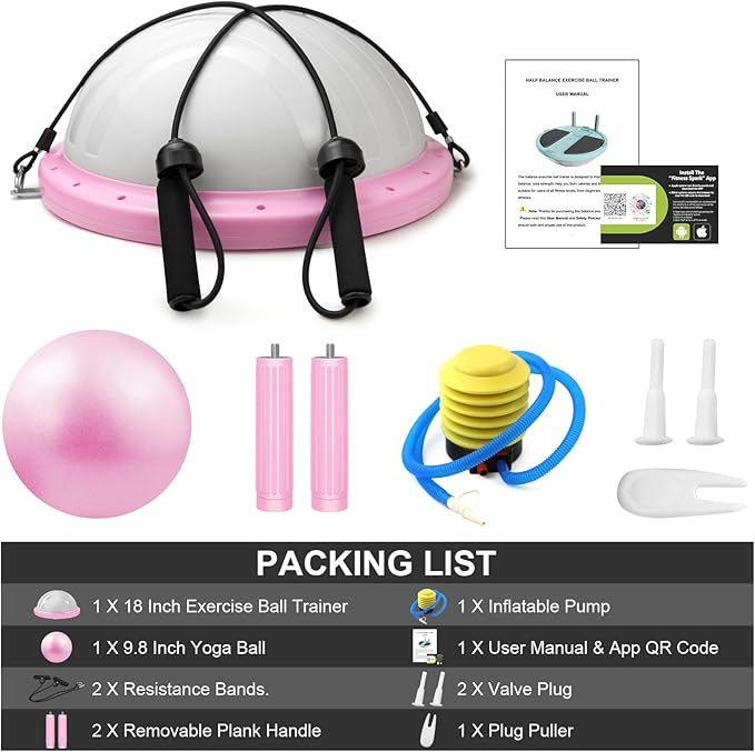 Balance Ball Trainer,Inflatable Yoga Plank Exercise Ball With Plank &Game,Half Balance Trainer With Extra Yoga Ball & Resistance Bands For Home Gym Workout Core Strength Training.
