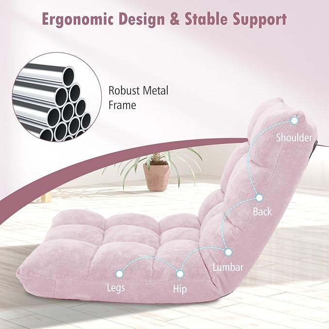 Moccha 14-Position Floor Sofa, Folding Sofa Chair with Back Support, Memory Foam Floor Gaming Chairs for Adults, Adjustable Padded Couch Recliner, Chaise Lounge for Reading, Meditating (Light Pink)