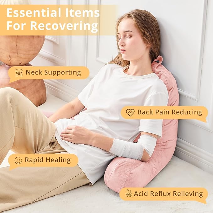 Sasttie Reading Pillow, Velvet Back Pillow for Bed Sitting Up, Adult Back-Rest Support Cushion with Arms for Sit Up on Couch, Sofa, and Floor, Dorm Essentials, Reading Accessories, Peach