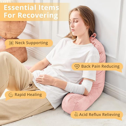 Sasttie Reading Pillow, Velvet Back Pillow for Bed Sitting Up, Adult Back-Rest Support Cushion with Arms for Sit Up on Couch, Sofa, and Floor, Dorm Essentials, Reading Accessories, Peach