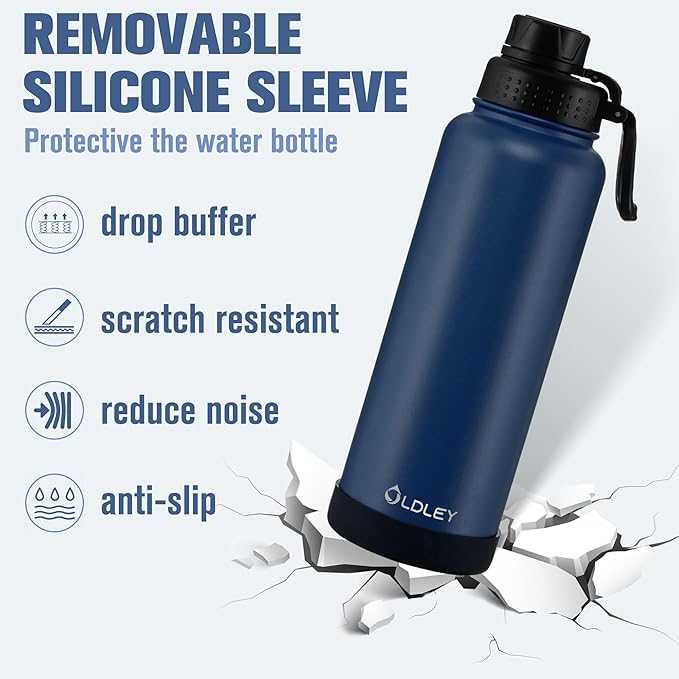 OLDLEY 40 oz Insulated Water Bottle With Straw, Stainless Steel Sports Water Cup Flask with 3 Lids(Straw, Spout and Handle Lid) Double Walled Travel Thermal Canteen Mug,Navy Blue