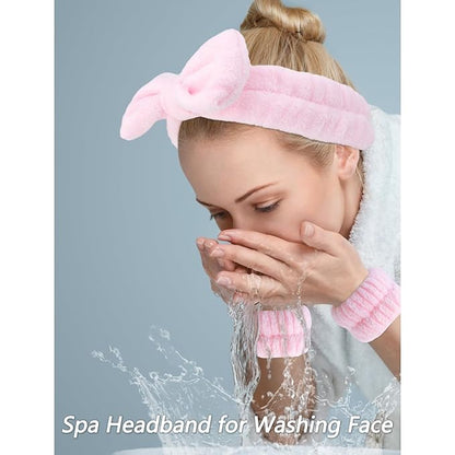VELSCRUN Spa Headbands for Wash Face, Makeup Headband, Facial Skincare Headbands, 5 Pcs Pink Puffy Sponge Spa Headband Bow Tie Hair Band Hair Clips Wristband Set Women Girls Accessories