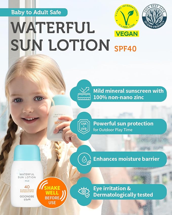 GOONGBE Sun Lotion SPF 40 & Baby Soothing Water Gel Cream - Zinc Oxide Mineral Sunscreen & Cooling Moisturizer - Korean Skincare for Babies Kids - Hypoallergenic Formula, 2.82oz & 3.38oz