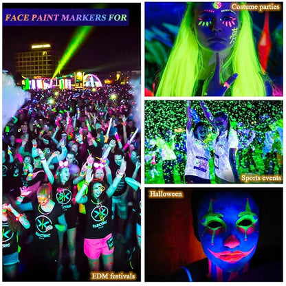 Glow in the Dark Paint, Non-Toxic Neon Face Paint, Washable Black Light Paint, Face Paint Markers for Halloween, Cosplay, Party, Compact UV Body Paint 12 PCS