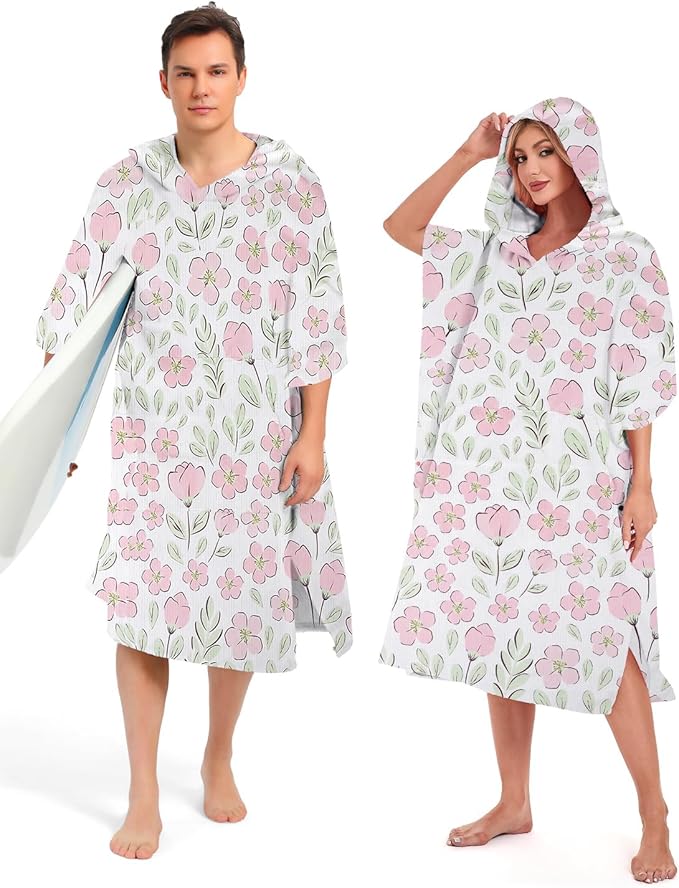 Abahub Surf Poncho Men & Women Towel Poncho Adult with Hood, Thick Quick Dry Changing Poncho Towel, Microfiber Wearable Cover Up for Surfing Beach Swim - Absorbent Changing Towel L (Pink Flower)