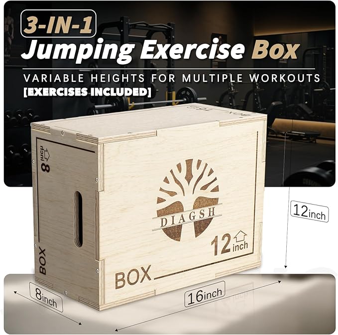 Plyo Box - 3-in-1 Wood Plyometric Jump Platform (20"x16"x12") for Home Gym Training - Ideal for Jumps, Squats & Conditioning-1 Piece