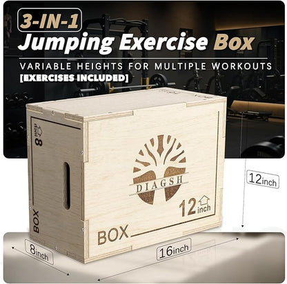 Plyo Box - 3-in-1 Wood Plyometric Jump Platform (20"x16"x12") for Home Gym Training - Ideal for Jumps, Squats & Conditioning-1 Piece