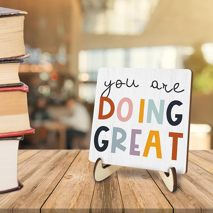 Decorative Desk Decor Motivational You Are Doing Great Affirmations Nursery Decor Plaque with Wooden Stand Inspirational Wood Sign for Office Homeschool Classroom Reading Corner Table Bookshelf