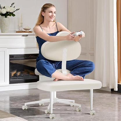 Cross Legged Office Chair with Wheels, Meditation Chair, ADHD Chair for Adults, Wider Height Adjustable Backrest and Seat, Yoga Office Chair, PU Leather, Beige