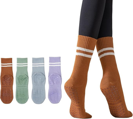 Yoga Socks with Non-Slip Grips for Women - 4 Pairs Pilates, Barre, Gym, Dance Workout Anti-Skid Socks