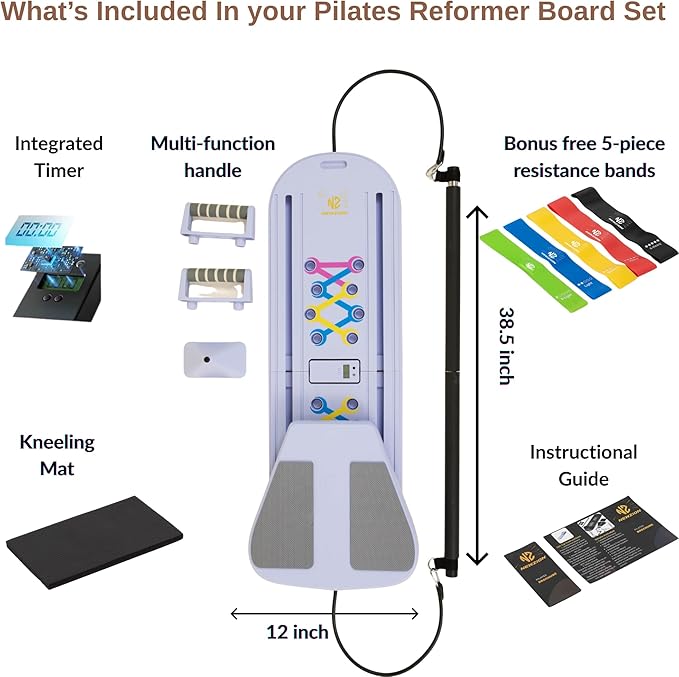 7-in-1 Pilates Reformer Board, Portable Pilates Board Foldable Pilates Reformer Equipment with Timer for Home Workouts with Resistance Bands Core Glider Push-Up Handles Balance Trainer Pilates Machine