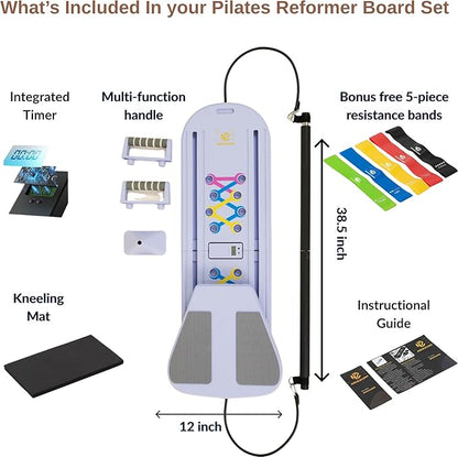 7-in-1 Pilates Reformer Board, Portable Pilates Board Foldable Pilates Reformer Equipment with Timer for Home Workouts with Resistance Bands Core Glider Push-Up Handles Balance Trainer Pilates Machine