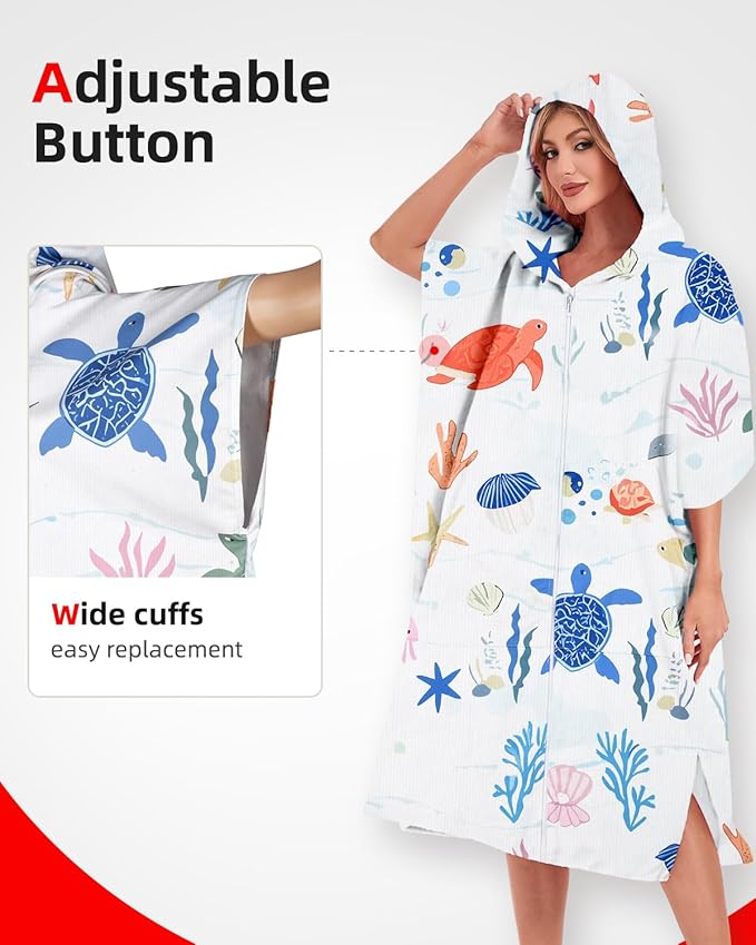 Abahub Surf Poncho Men & Women Towel Poncho Adult with Hood, Thick Quick Dry Changing Poncho Towel, Microfiber Wearable Cover Up for Surfing Beach Swim - Absorbent Changing Towel L (White Seabed)