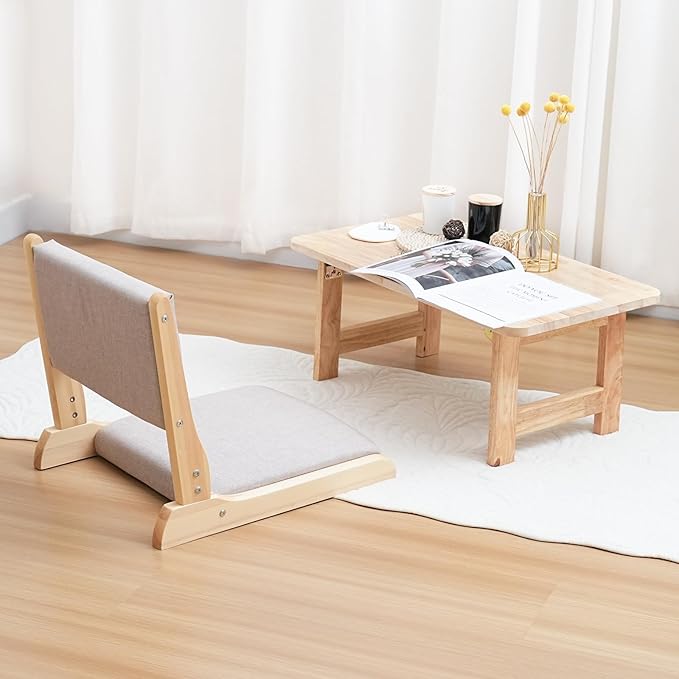 Japanese Floor Chair with Back Support, Foldable Meditation Chair, Legless Tatami Chair with Cushion, Floor Seat for Living Room, Bedroom, Bay Window (1, Gray)