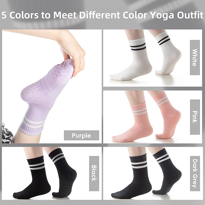 Raylarnia Tall Pilates Socks with Grips for Women, Yoga Crew Non-Slip, Grippy Ankle Barre Sock, Hospital Sticky Socks 5 Pairs