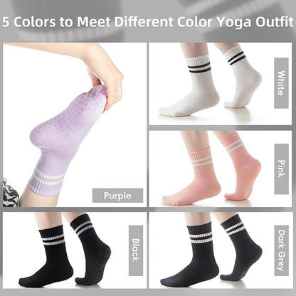 Raylarnia Tall Pilates Socks with Grips for Women, Yoga Crew Non-Slip, Grippy Ankle Barre Sock, Hospital Sticky Socks 5 Pairs
