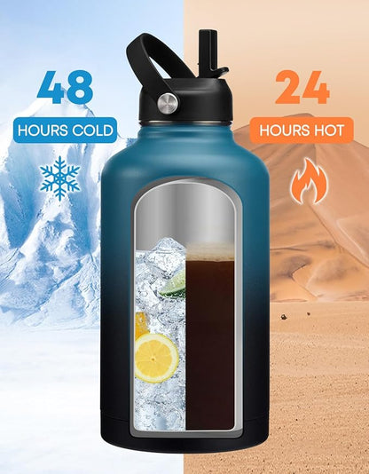 64oz Stainless Steel Water Bottles with Straw - Flex Lids, Shoulder Carrier Bag, Protective Cup Mat, 1/2 Gallon Metal Jug BPA Free, Vacuum Thermo Bottle for Women Men, Gym Outdoor Working