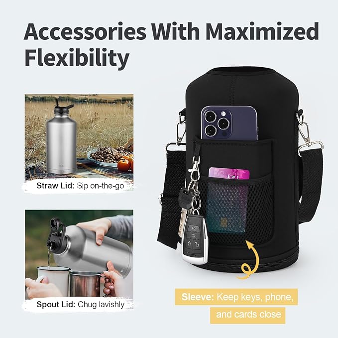 One Gallon Water Bottle Insulated, Triple Wall Vacuum Cold for 48 Hrs & Leak-proof & Non-BPA, 128oz Large Sports Stainless Steel Water Jug with Paracord Handle Straw Spout Lids & DIY Stickers