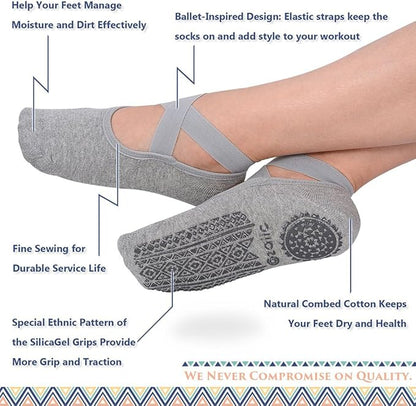 Ozaiic Yoga Socks for Women Non-Slip Grips & Straps, Ideal for Pilates, Pure Barre, Ballet, Dance, Barefoot Workout