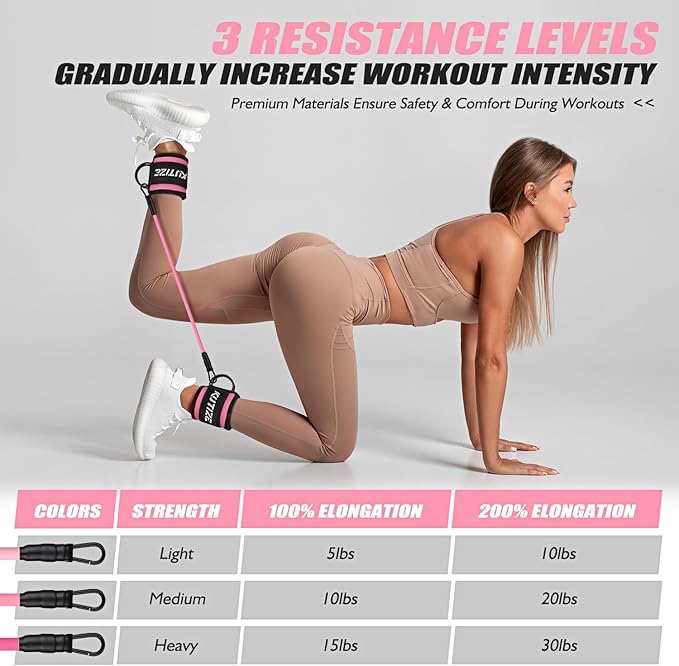 Ankle Resistance Bands with Cuffs for Women & Men - 3-Level Adjustable Leg & Glute Workout Equipment, Portable Home Gym Exercise Bands for Kickbacks, Hip Thrusts, Yoga, Strength Training
