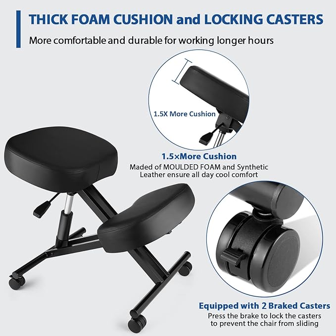 Ergonomic Kneeling Chair, Meditation Chair with Height Adjustable and Cushion for Home and Office, Posture Office Stool with an Angled Seat and Casters