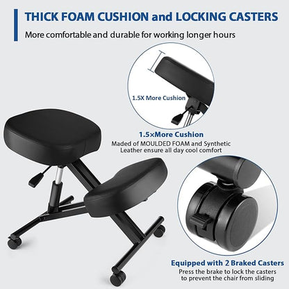 Ergonomic Kneeling Chair, Meditation Chair with Height Adjustable and Cushion for Home and Office, Posture Office Stool with an Angled Seat and Casters