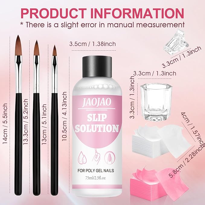 JAOJAO Slip Solution, Gel Nail Cleanser Nail Slip Solution with Brushes Crystal Cup Nailclippers and Cleaning Pads Effective Removal Versatile Cleaning Liquid for Home DIY Manicure,75ml