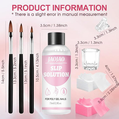 JAOJAO Slip Solution, Gel Nail Cleanser Nail Slip Solution with Brushes Crystal Cup Nailclippers and Cleaning Pads Effective Removal Versatile Cleaning Liquid for Home DIY Manicure,75ml