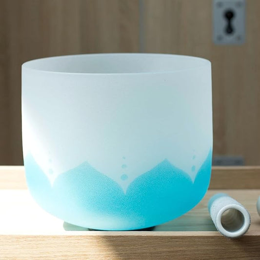 Leize Blue Lotus Design Crystal Singing Bowl G Note Throat Chakra Blue 8" with Heavy Duty Carrying Case Suede Striker