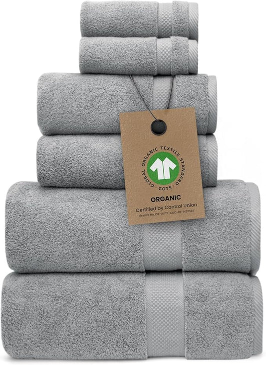 100% Organic Zero-Twist Cotton Towels - GOTS Certified Luxury Bath Towels - Ultra Soft & Plush 700GSM Long-Staple Cotton - 6 Piece Towel Set (Pewter Grey)