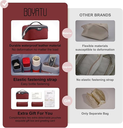 BOYATU Travel Makeup Bag Organizer Cosmetic Bag: 3 Pcs Set Make up Bags for Women with Handle - Waterproof Vegan Leather Toiletry Bags Travel Essentials Pouch with Compartments (G-05-Red)