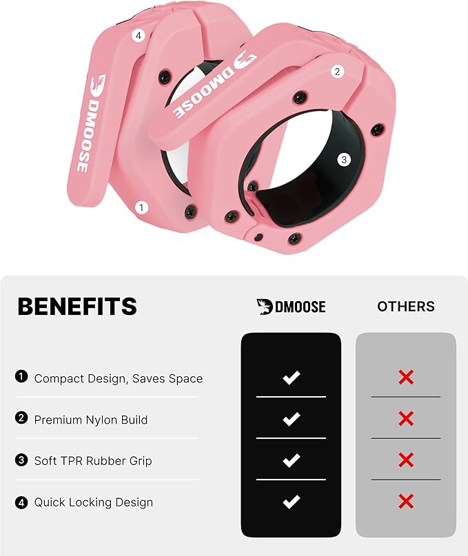 DMoose Fitness Barbell Clips 2 Inch (Pair) - Quick Release Olympic Barbell Clamps & Collars with Anti Slip TRP Grip for Secure Weightlifting and Powerlifting - Weight Clips for Bars at Home or Gym