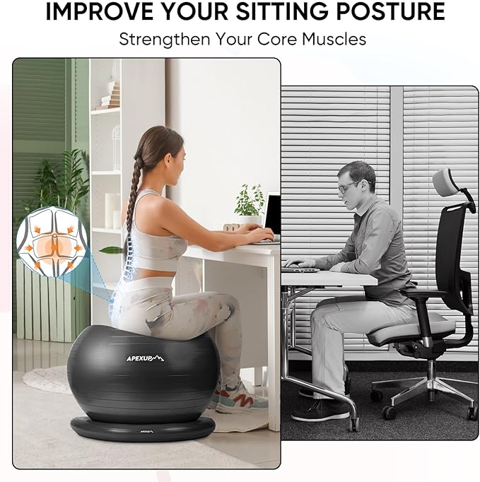APEXUP Yoga Ball Chair, Exercise Ball Chair with Base for Office, Anti Slip Stability Ball Fitness Ball Seat, Home Gym Workout Ball, Balance Ball with Pump (Black, XL)