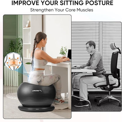 APEXUP Yoga Ball Chair, Exercise Ball Chair with Base for Office, Anti Slip Stability Ball Fitness Ball Seat, Home Gym Workout Ball, Balance Ball with Pump (Black, XL)