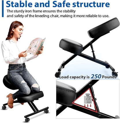 Kneeling Chair Ergonomic for Office, Adjustable Stool for Home and Office - Improve Your Posture with an Angled Seat - Thick Moulded Foam Cushions - Brake and Smooth Gliding Casters