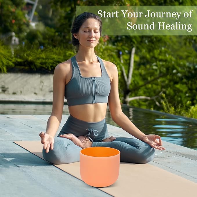 432HZ 8 Inchs D Note Orange Frosted Crystal Singing Bowl for Meditation Healing Yoga Chakra Quartz Crystal Sound Bowls with Heavy Duty Carry Case and Rubber Mallet,Suede Striker,O-rings