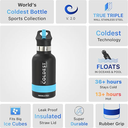 Coldest Insulated Water Bottle with Straw Lid - Stainless Steel Metal Insulated Bottle for Men & Women (Matte Black, 12 oz)