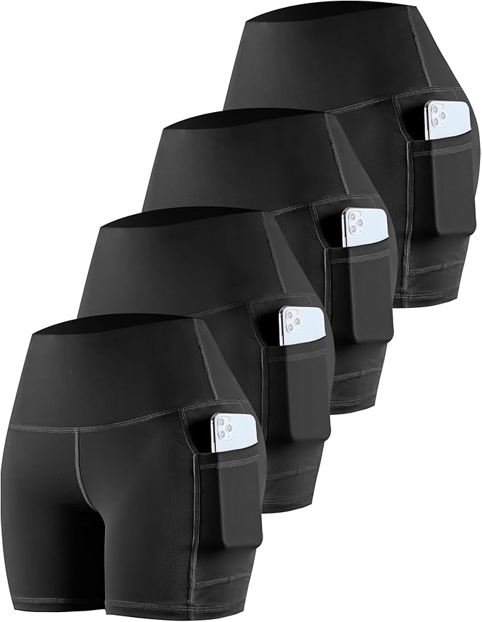 CHRLEISURE Womens Biker Yoga Shorts with Pockets: High Waisted Tummy Control Spandex Workout Athletic Gym Shorts 4 Packs