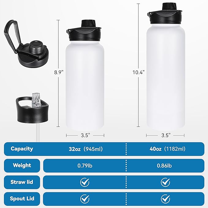 VEGOND 32 oz Insulated Water Bottle Bulk Stainless Steel Metal Water Bottles with Leak Proof Straw Lid & Spout Lid, Wide Mouth Double Walled Vacuum Travel Sports Bottle, 4 Pack