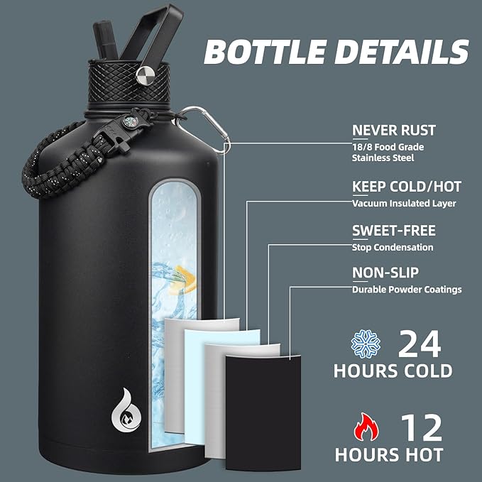 BJPKPK 1 Gallon Water Bottle with Straw Lid, 50oz, 64oz, 87oz, 128oz Large, Stainless Steel Water Bottles with 3 Lids and Paracord Handle, Double Wall Vacuum Metal Water Jug, Black