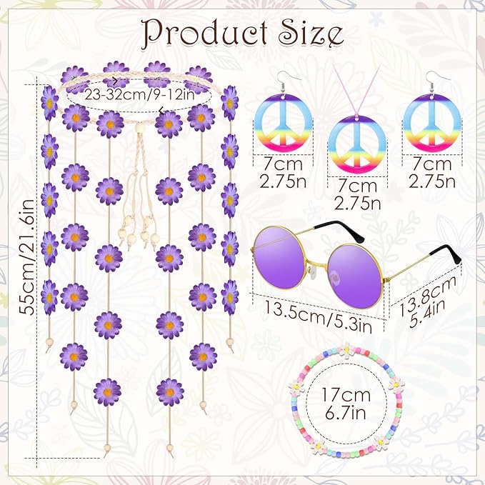 6 Pcs Hippie Costume Accessories Set, Flower Hippie Headband Boho Peace Sign Necklace Earrings Sunglasses Bracelet