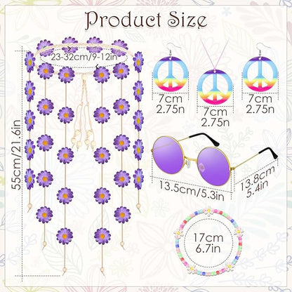 6 Pcs Hippie Costume Accessories Set, Flower Hippie Headband Boho Peace Sign Necklace Earrings Sunglasses Bracelet