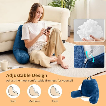 Sasttie Reading Pillow, Velvet Back Pillow for Bed Sitting Up, Adult Back-Rest Support Cushion with Arms for Sit Up on Couch, Sofa, and Floor, Dorm Essentials, Reading Accessories, Navy