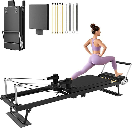MU 91.5" Foldable Pilates Reformer Machine with Jump Board & Dual Resistance – Adjustable Reformer Pilates Machine for Full-Body Home Workout, 500 lbs Capacity, Up to 6'9" Height Friendly. Black