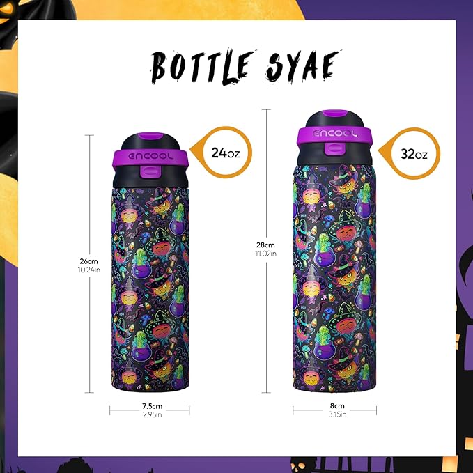 Halloween Gothic Water Bottle with Straw, Stainless Steel Insulated Water Bottle,Leak Proof, One-Touch Flip Lid, BPA Free, Holiday Gifts For Women Men, 24oz, Meowgic Night